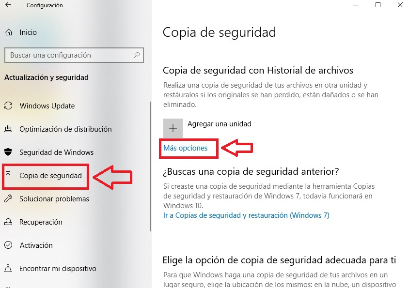 Más opciones para realizar una copia de seguridad