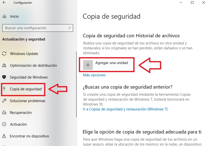 Menú de copia de seguridad de Windows 10