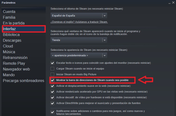 Interfaz de Steam