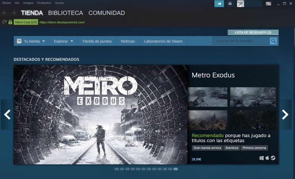 Página principal del cliente de Steam