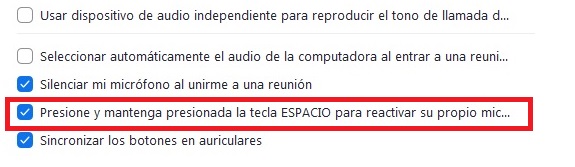 Zoom activar micrófono con la tecla espacio