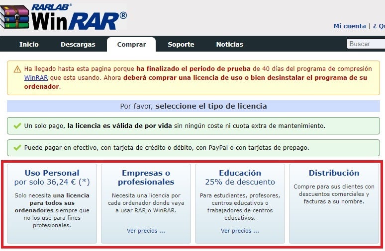 Tipos de licencia de WinRAR