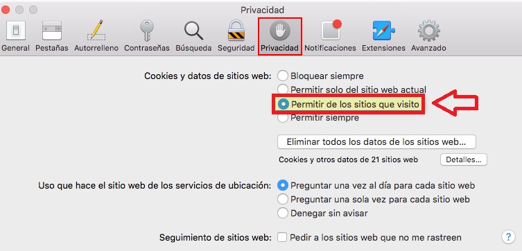 Aceptar cookies Safari