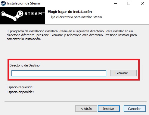 Lugar de instalación de Steam