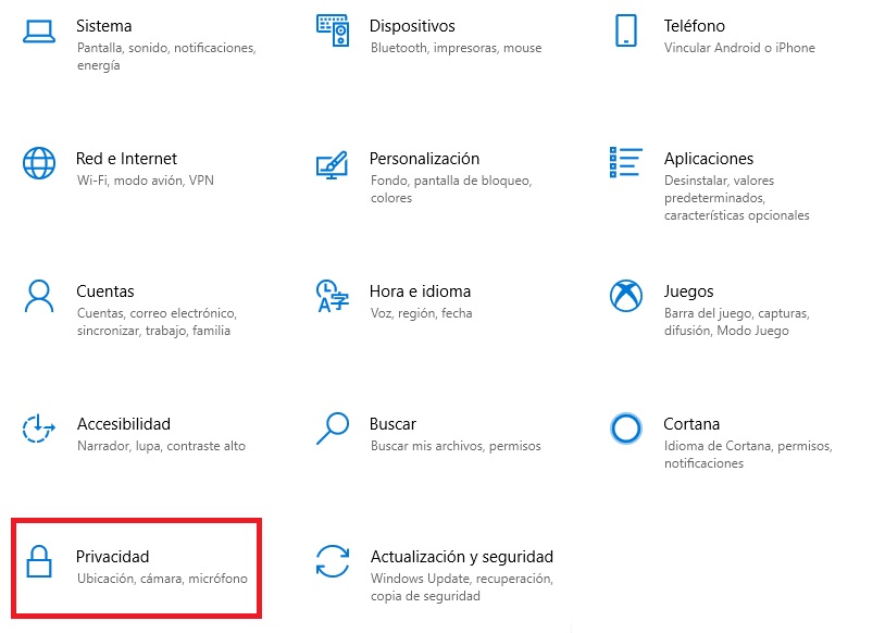 Cómo acceder al menú de Privacidad en Windows 10