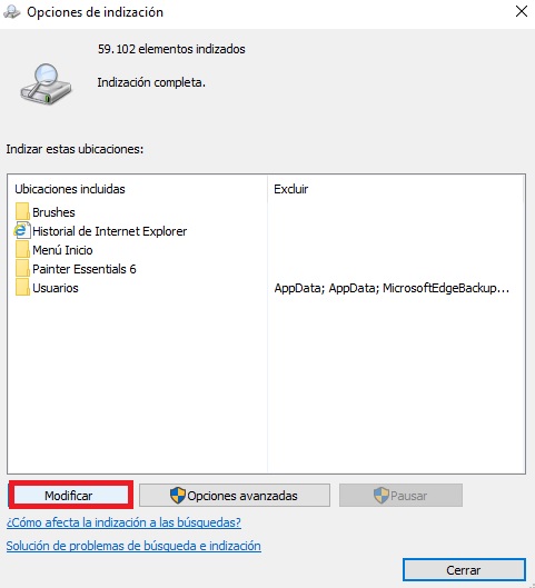Desactivar indización Windows 10