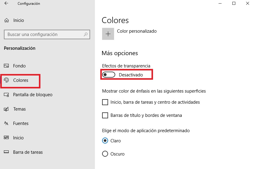 Desactivar transparencias de Windows 10