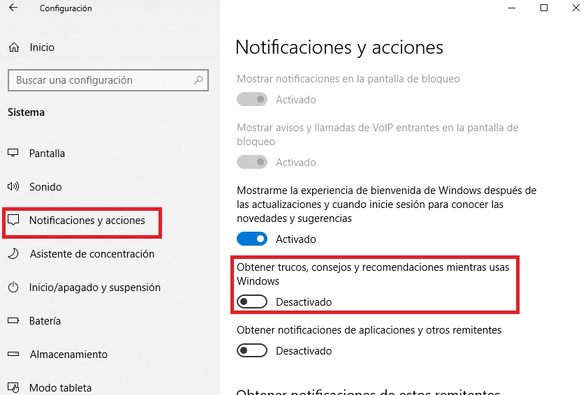 Desactivar los trucos y consejos de Windows 10