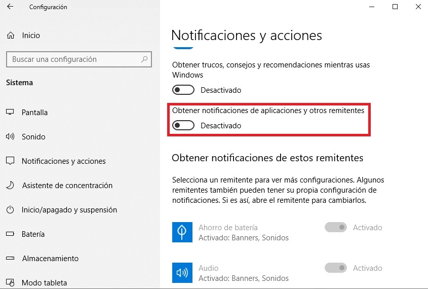 Desactivar notificaciones en Windows 10