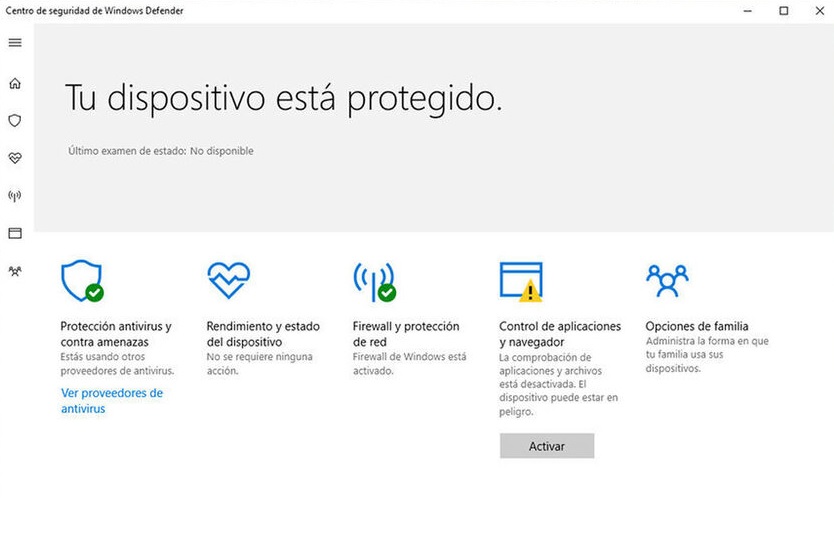 Interfaz de Windows Defender