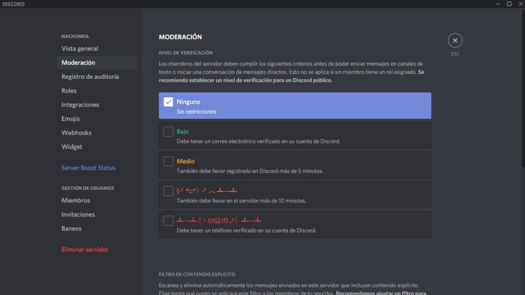 Opciones de moderación de Discord