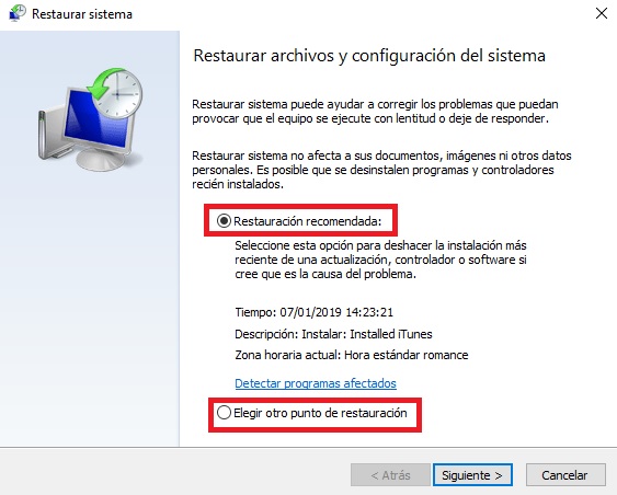 Punto de restauración del sistema