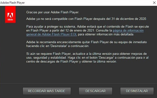 Mensaje de Adobe Flash Player