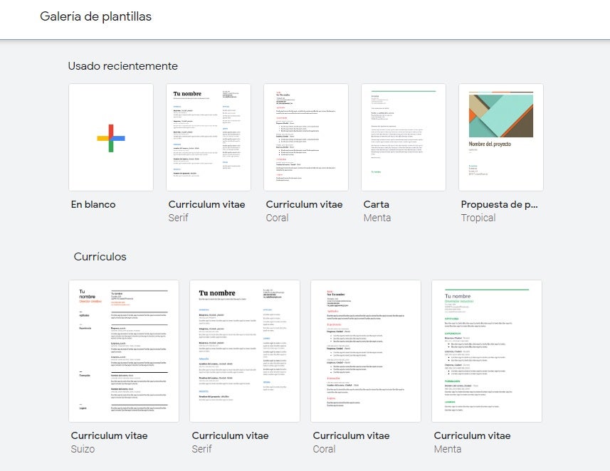 template gallery de Google Docs