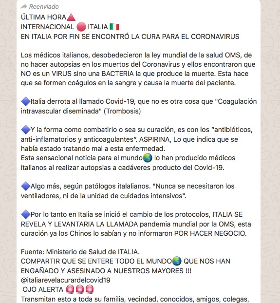 Bulo de Italia y la cura del coronavirus