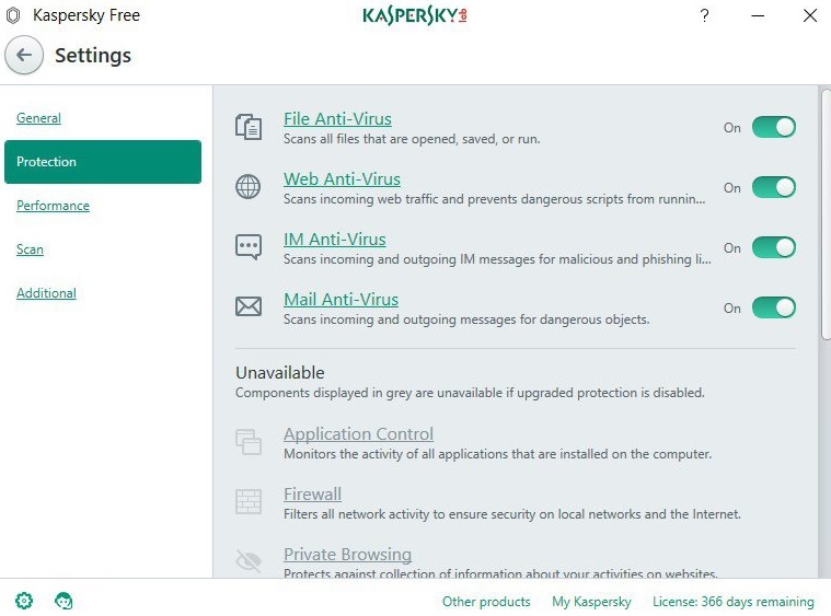 Interfaz de Kaspersky Free