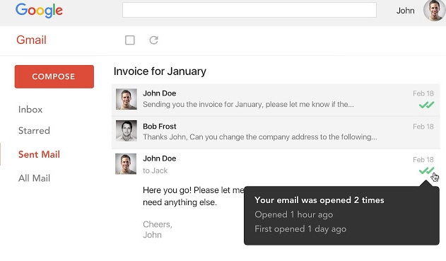 Interfaz de Mailtrack