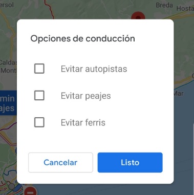 Opciones de conducción de Google Maps