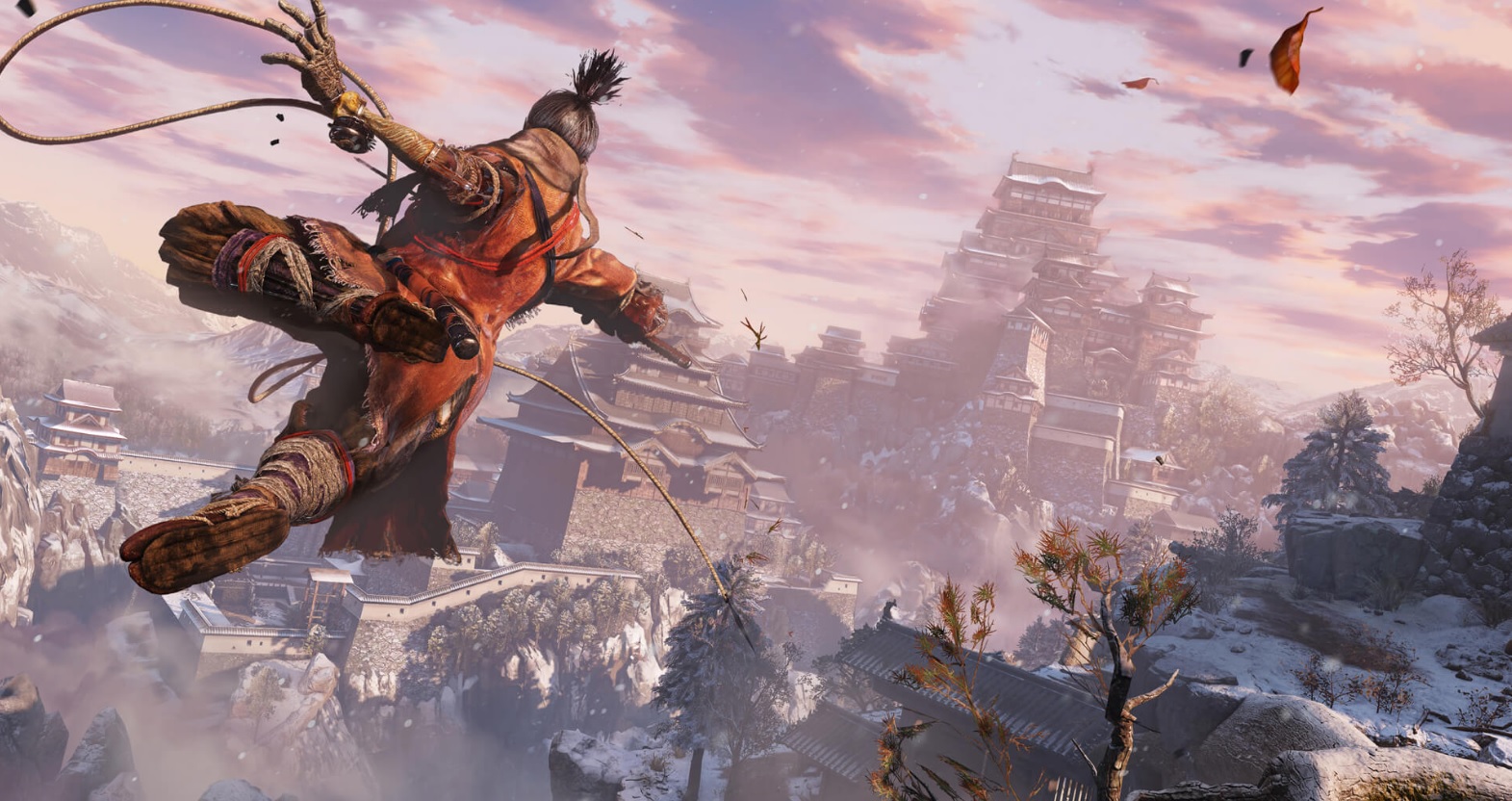 Sekiro utilizando el gancho de su brazo prostético