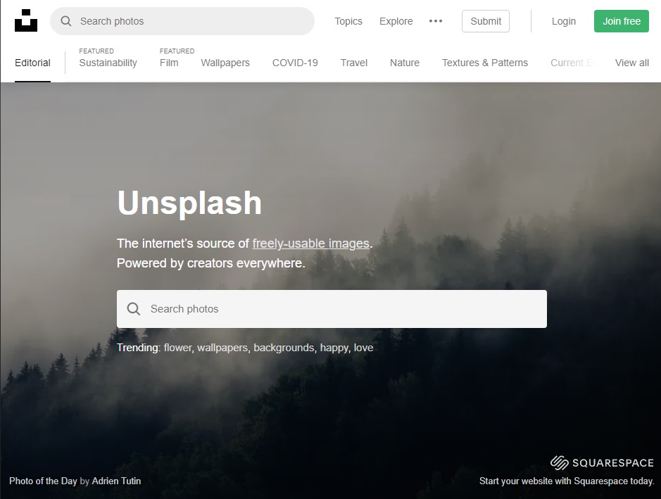 Página principal de Unsplash
