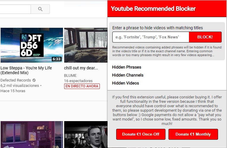 cómo bloquear las recomendaciones de Youtube.
