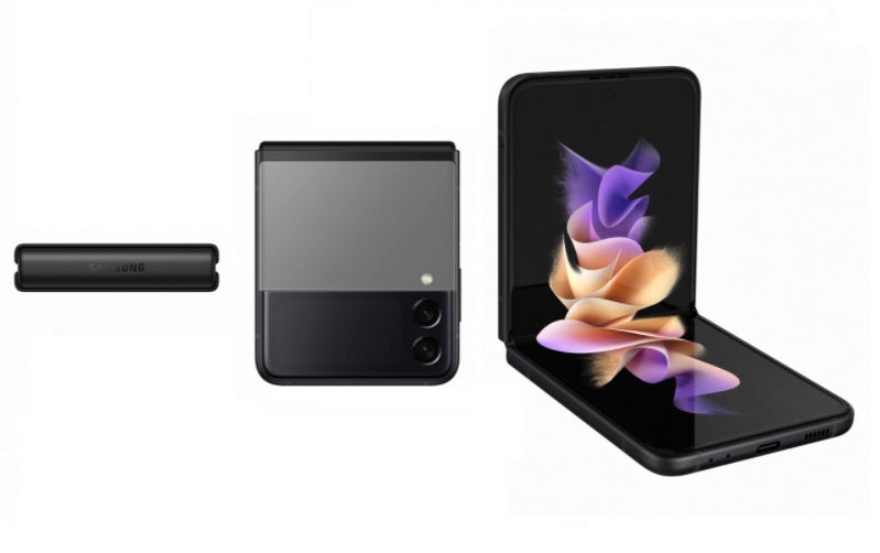 Samsung Galaxy Z Flip3 5G abierto, cerrado y su lateral.