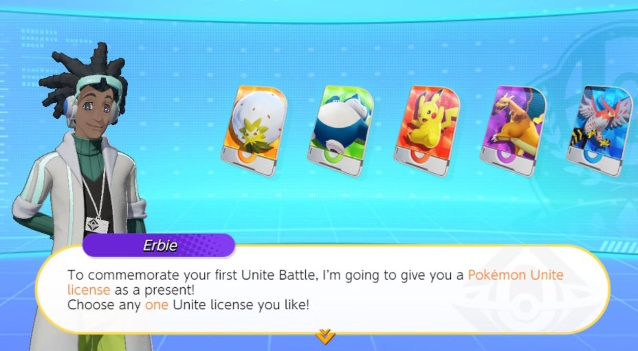 Pantalla de elección de Pokémon iniciales en Pokémon Unite.