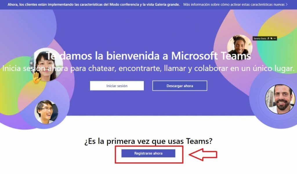 Página de registro en Teams