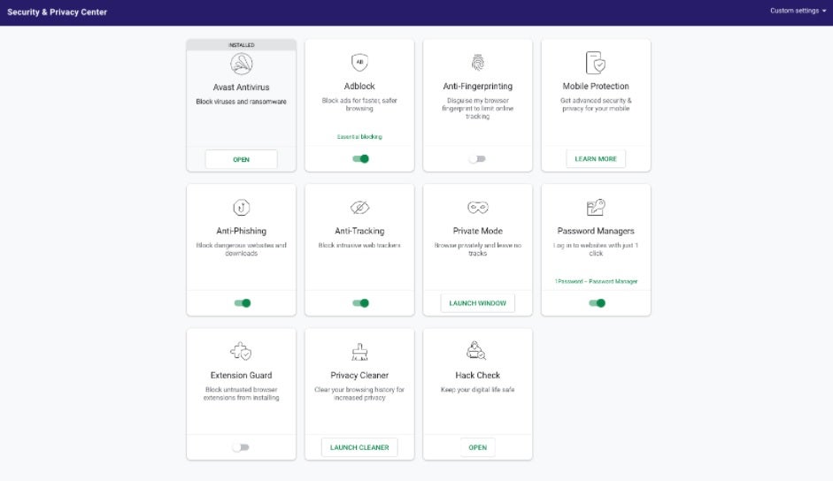 Interfaz de Avast Secure Browser