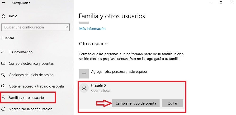 Cambiar tipo de cuenta de Windows
