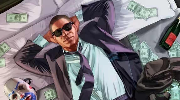 Franklin durmiendo sobre pila de dinero en GTA 5