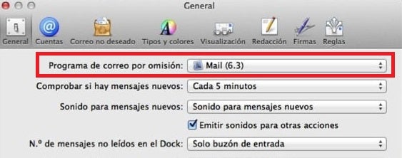 Menú de preferencias de Mail