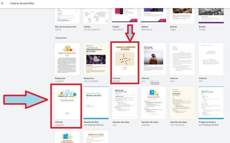 Plantillas educativas en Docs