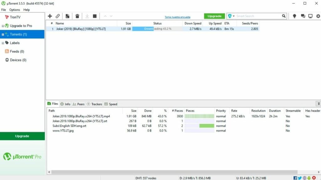 Interfaz de uTorrent