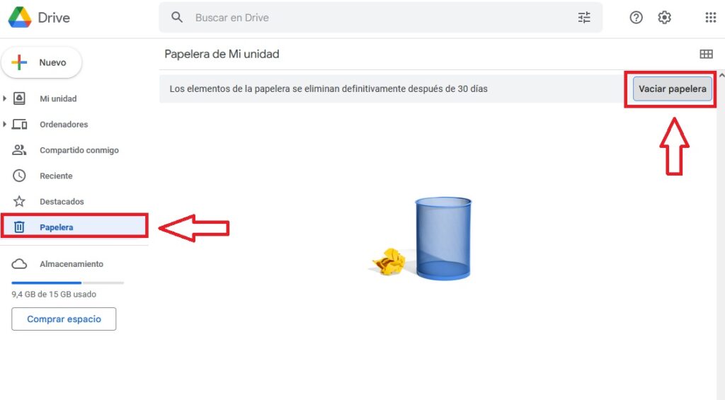 Vaciar papelera de Google Drive