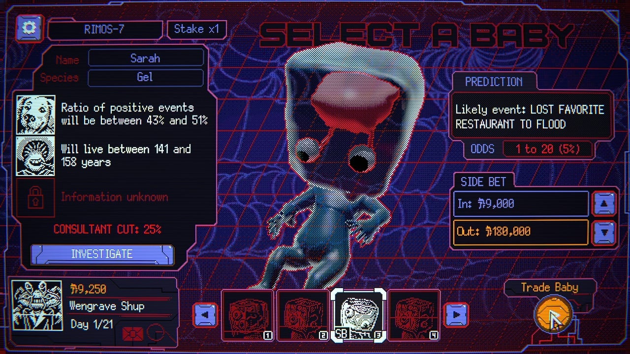 Si apostar en un mercado de valores donde en vez de empresas se invierte en bebés alienígenas te suena bien, este videojuego es para ti