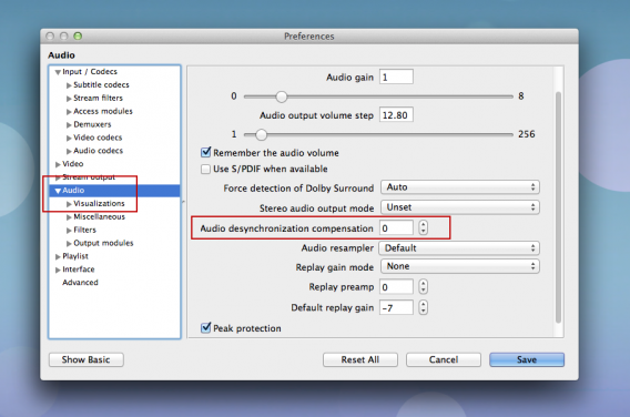 Find the audio desynchronization compensation option