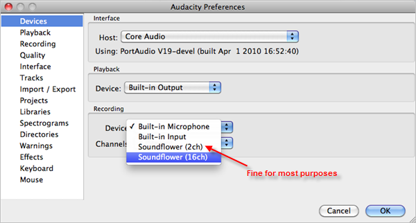 Choose Recording Device in Audacity Soundflower
