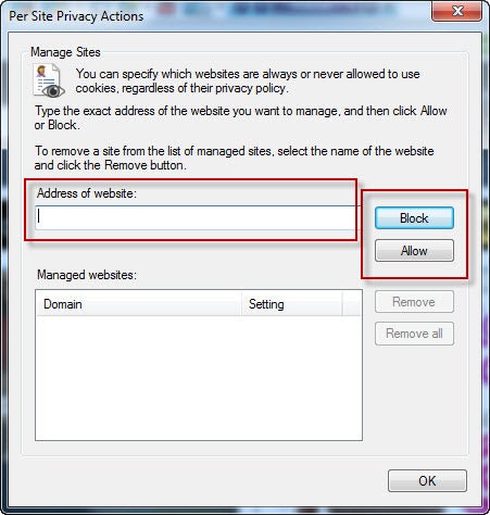 Blocking or allowing a specific site's cookies in Internet Explorer 9