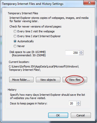 Viewing temporary internet files in Internet Explorer 9