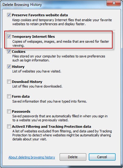 Deleting temporary internet files in Internet Explorer 9
