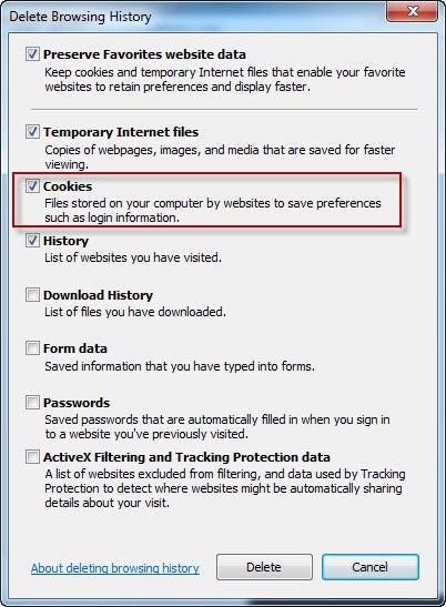 Deleting cookies on Internet Explorer 9