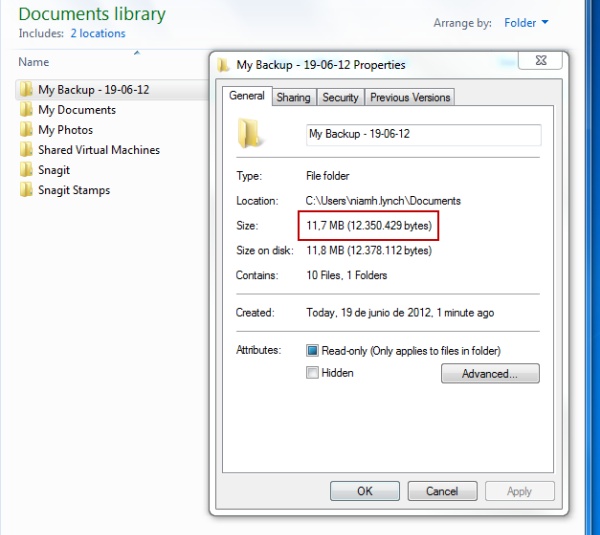 Size of backup folder