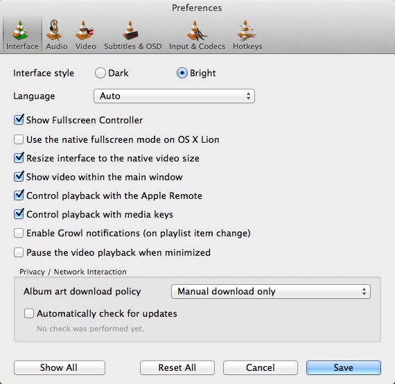 VLC for Mac 2.0.2 preferences