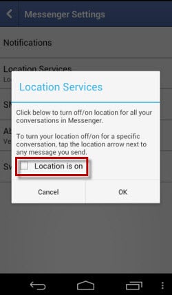 Facebook Messenger for Android's location services preferences