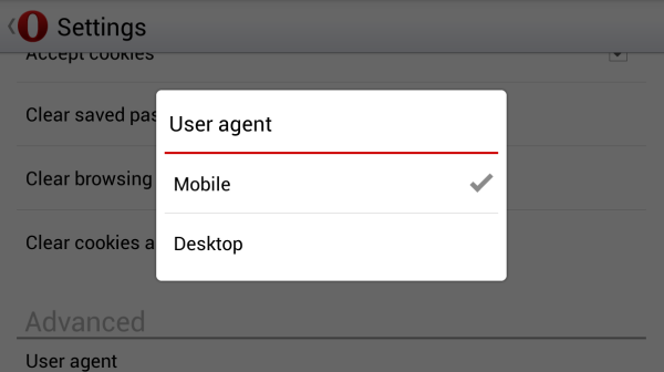 User agent switchingin Opera browser