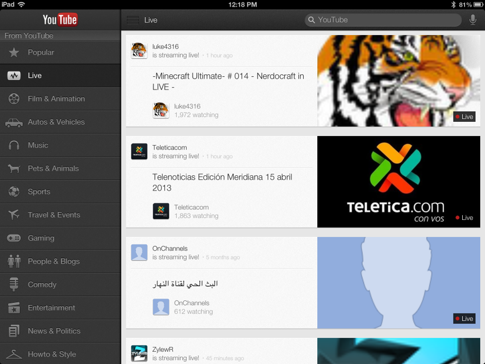 youtube for ios live stream section