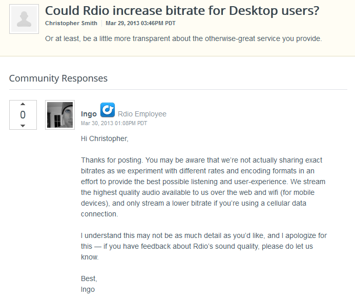 rdio bitrate