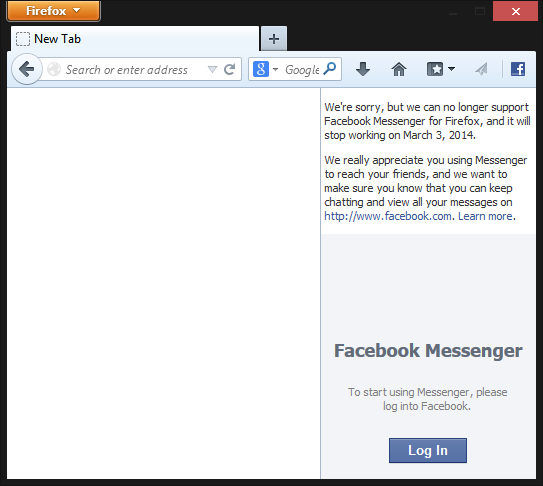 Facebook Messenger for Firefox notice