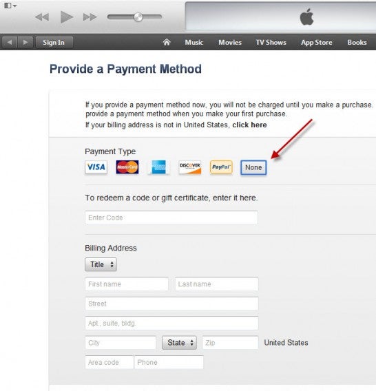 Choose 'None' for payment method